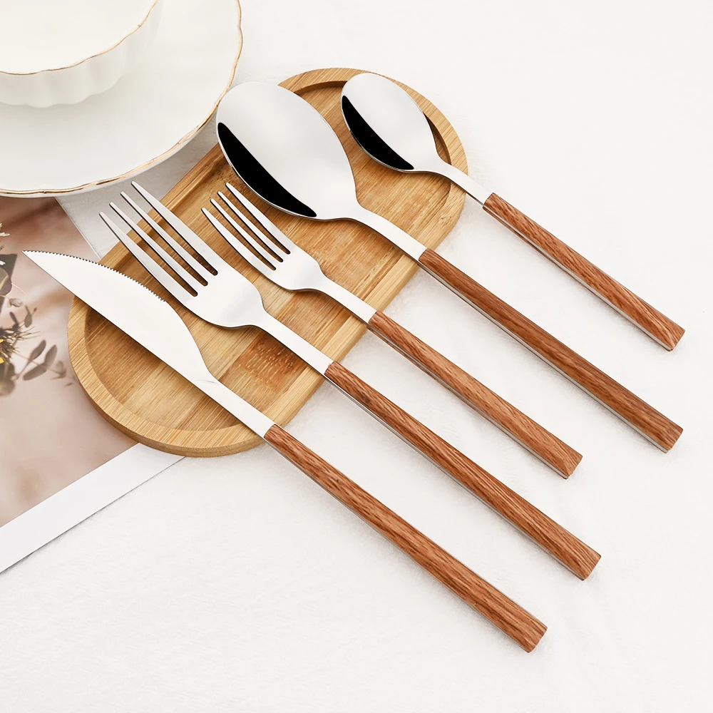 Bamboo Cutlery - 16/24/30 قطعة الفولاذ المقاوم للصدأ تقليد