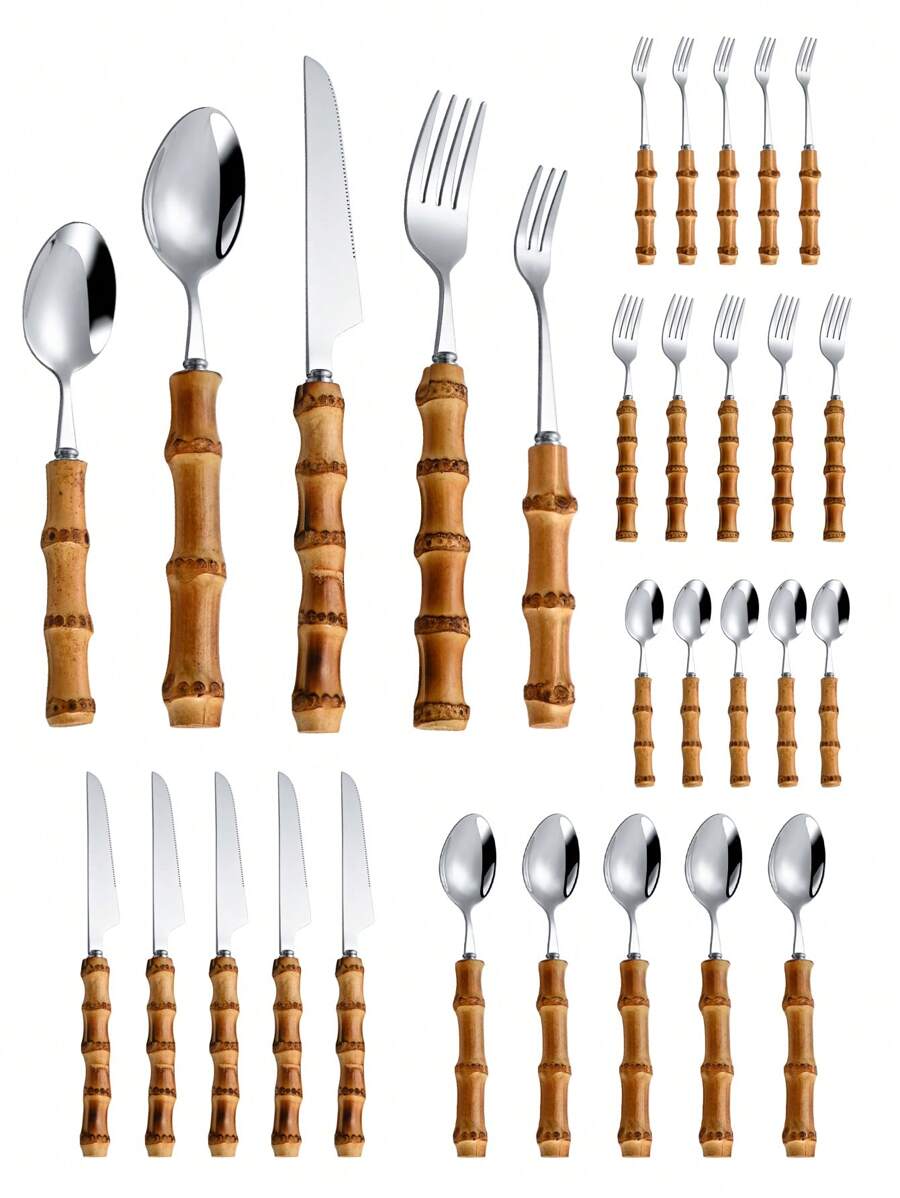 Bamboo Cutlery - طقم أدوات مائدة من الفولاذ المقاوم