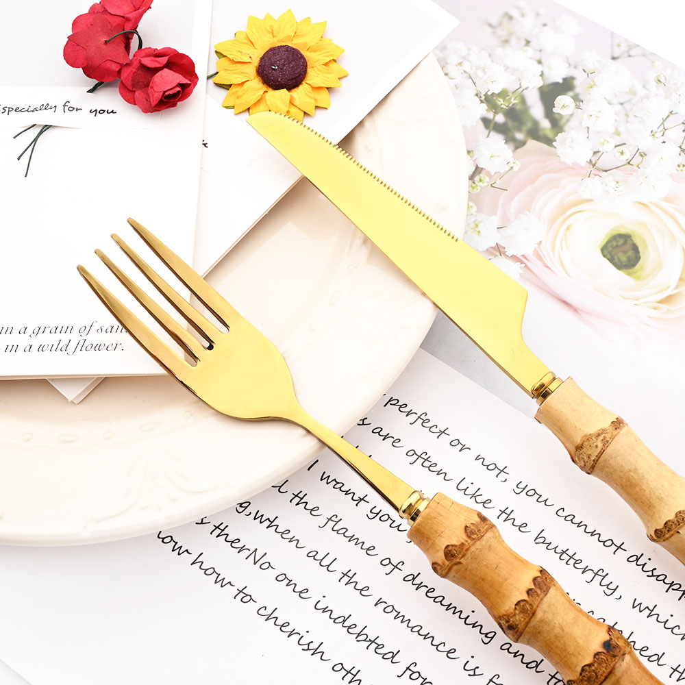 Drmfiy الذهب عشاء شوكة مجموعة  - مراجعة Bamboo Cutlery وسعره