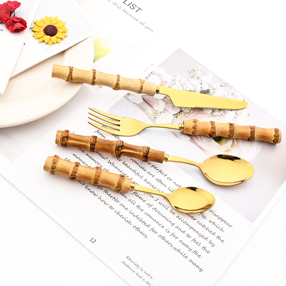 Drmfiy الذهب عشاء شوكة مجموعة  - مراجعة Bamboo Cutlery وسعره