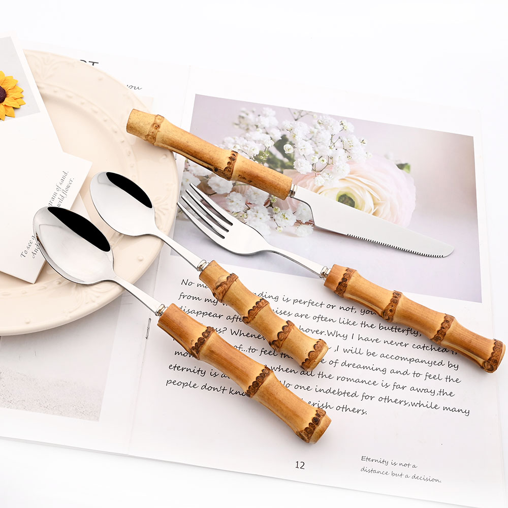Drmfiy الذهب عشاء شوكة مجموعة  - مراجعة Bamboo Cutlery وسعره
