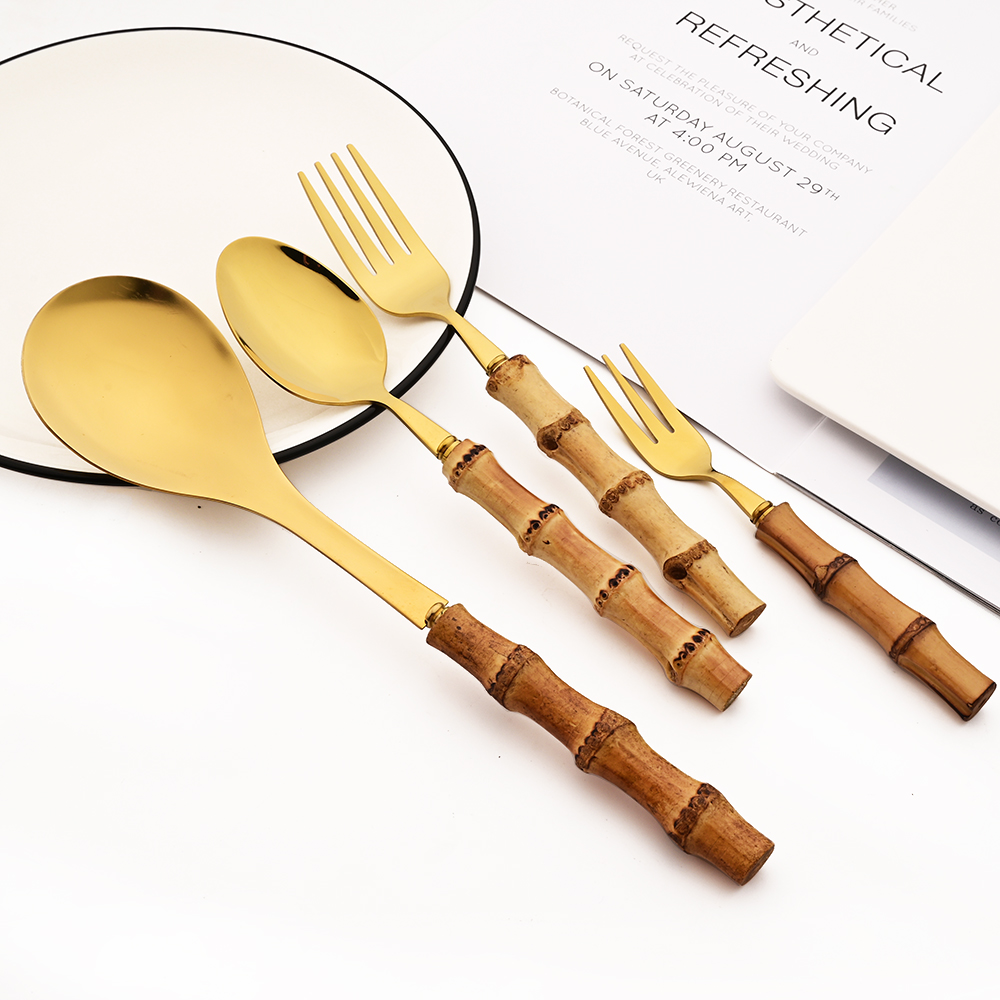 6 قطعة الذهب الطبيعي الخيزران  - مراجعة Bamboo Cutlery وسعره